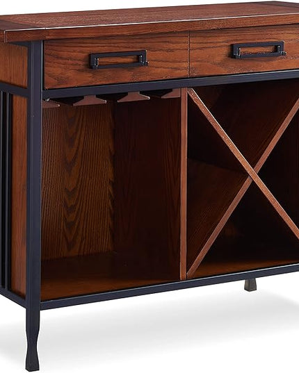 Leick Home 11240 Ironcraft Rustic One Drawer Mini-bar/Wine Stand with Glass and Bottle Storage, Mission Oak, 16 x 36 x 30 - LeafyLoom