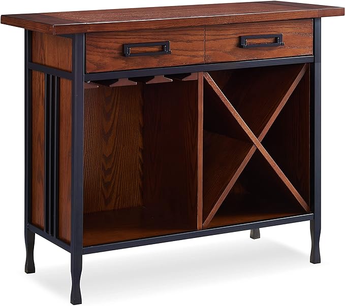 Leick Home 11240 Ironcraft Rustic One Drawer Mini-bar/Wine Stand with Glass and Bottle Storage, Mission Oak, 16 x 36 x 30 - LeafyLoom