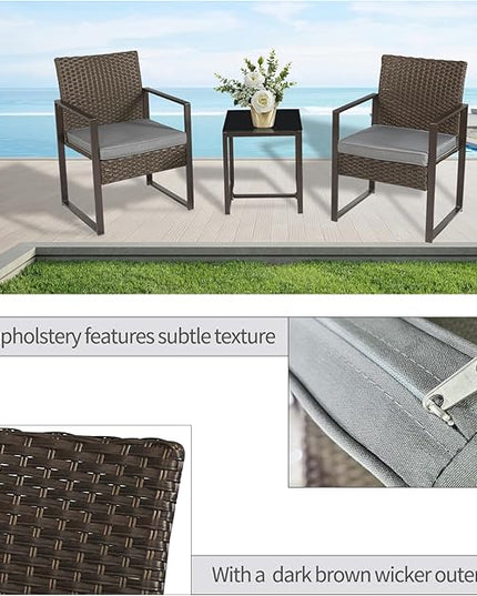 3 Pieces Patio Furniture Set Outdoor Wicker Bistro set Rattan Chair Conversation Sets with Coffee Table for Porch, Balcony,Garden,Backyard and Removable Cushions Grey - LeafyLoom