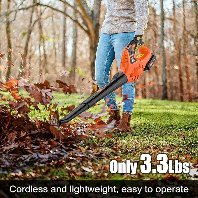 Leaf Blower Cordless,21V Handheld Electric Leaf Blower with 4.0Ah Battery and Charger, 2 Speed Mode, Lightweight Battery Powered Leaf Blower for Lawn Care, Patio, Yard, Sidewalk (Orange) - LeafyLoom