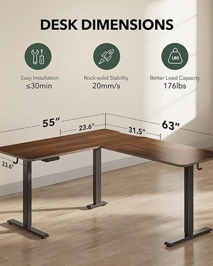 FEZIBO 63" L Shaped Standing Desk Height Adjustable, Electric Stand up Corner Desk, Sit Stand Home Office Desk with Splice Board, Black Frame/Black Walnut Top - LeafyLoom