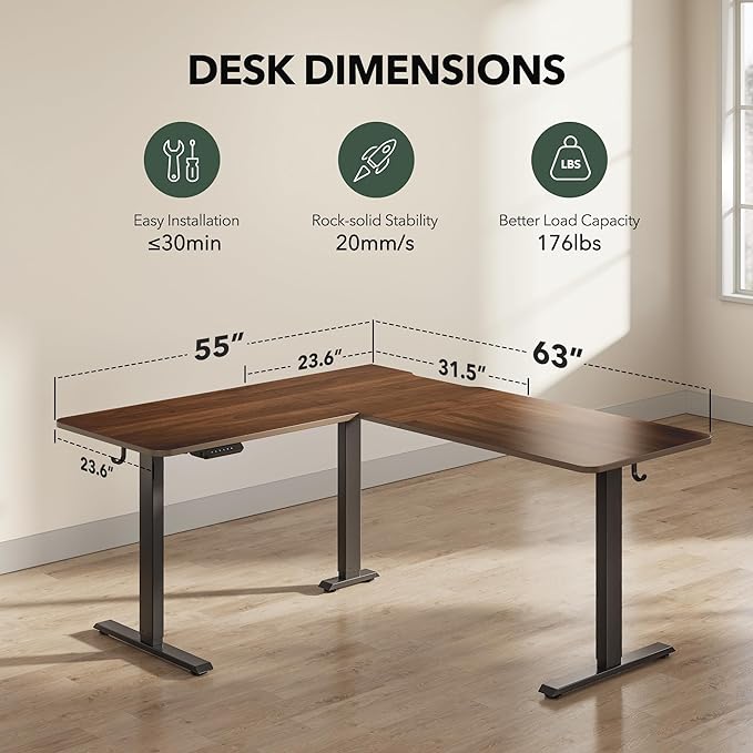 FEZIBO 63" L Shaped Standing Desk Height Adjustable, Electric Stand up Corner Desk, Sit Stand Home Office Desk with Splice Board, Black Frame/Black Walnut Top - LeafyLoom