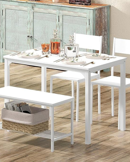 DlandHome 4 Person Dining Table Set, Dining Table with 2 Chairs and 1 Bench,Rectangular Space-Saving Dinner Table with Two Benches for Kitchen - LeafyLoom