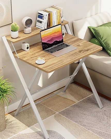 GreenForest Folding Desk No Assembly Required Small Size, 2-Tier Foldable Computer Desk with Shelf for Home Office, Space Saving Portable Laptop Study Foldable Table for Small Spaces, Oak - LeafyLoom