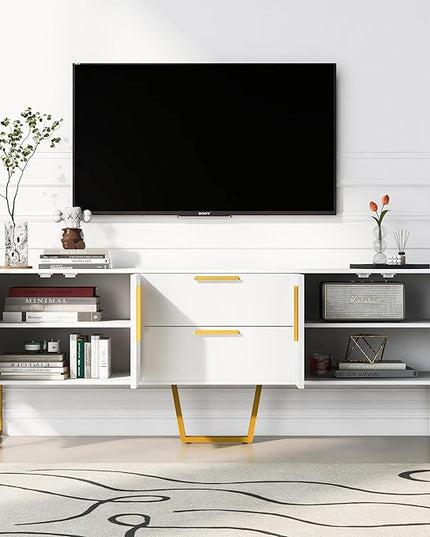 67" TV Stand with 2 Drawers and Cabinets, Modern Television Stands with Metal Legs and Handles for TVs up to 75 Inches, TV Console Table for Living room, White - LeafyLoom