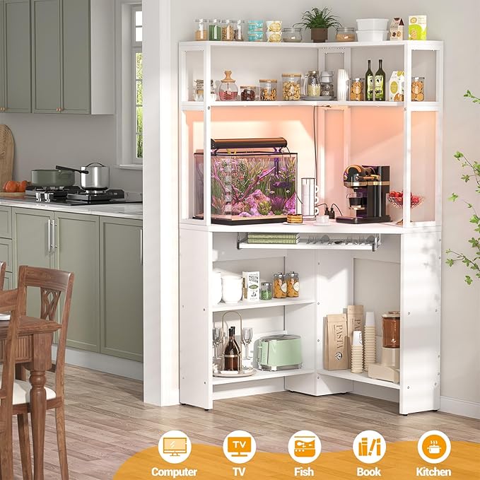 Cyclysio Small Corner Desk with Hutch, Heavy Duty Corner Computer Desk with Power Outlets & LED Light, Triangle Corner Gaming Desk with Keyboard Tray for Home Office, Small Space, Workstation White - LeafyLoom