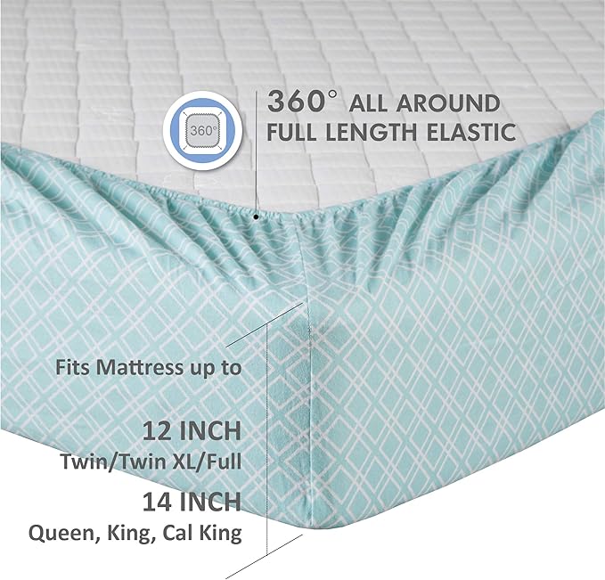 Comfort Spaces Cotton Flannel Breathable Warm Deep Pocket Sheets with Pillow Case Bedding, Queen, Aqua Geo 4 Piece - LeafyLoom