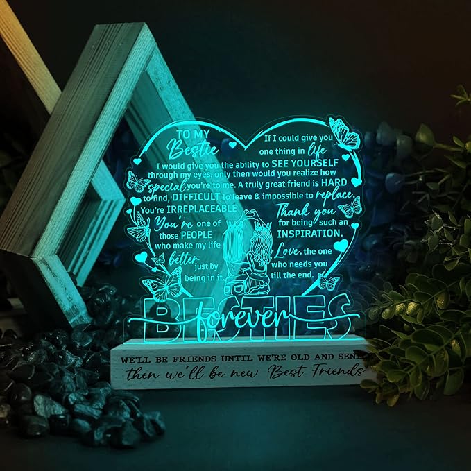 Gifts for Best Friend Women 3D Illusion Lamp, Besties Forever Acrylic Night Light, Best Friend Birthday Gifts for Women, Long Distance Friendship Gift for Her Bestie Soul Sister BFF Coworker - LeafyLoom