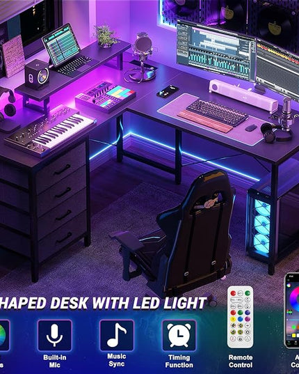 Homieasy L Shaped Desk with Drawers & Power Outlets, Reversible Computer Desk with LED Light and Monitor Stand, 50 Inch Home Office Gaming Work Study Desk with 4 Storage Drawers, Black - LeafyLoom