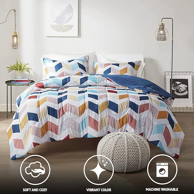 Comfort Spaces Kylar Cozy Comforter Set, Vibrant Chevron Ruching Design with Solid Reverse, All Season Down Alternative Bedding with Matching Sham, Twin/Twin XL (66 in x 90 in), Multi/Aqua 2 Piece - LeafyLoom