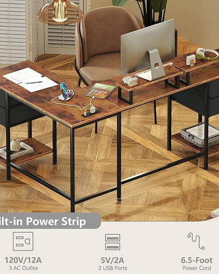L Shaped Computer Desk with Power Outlets, 59 inch Reversible Home Office Desk with Storage Shelves & 2 Monitor Stands, Gaming Desk with 4 Fabric Drawers for Bedroom, Rustic Brown - LeafyLoom