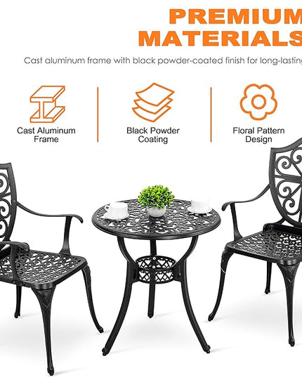 Nuu Garden Bistro Set 3 Piece Outdoor, Cast Aluminum Patio Bistro Sets with Umbrella Hole, Bistro Table and Chairs Set of 2 for Patio Backyard - LeafyLoom