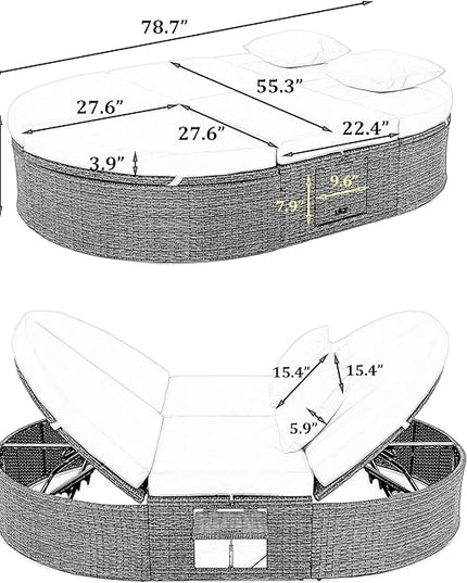 Outdoor DayBed Patio 2-Person Rattan Sun Bed Reclining Chaise Lounge with Adjustable Backrests, Foldable Cup Trays and Pillows, for Lawn,Poolside, Beige - LeafyLoom