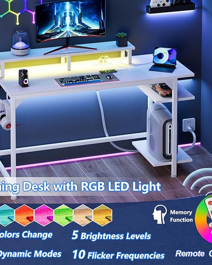 Furologee White Desk with Power Outlets and LED Lights, 47" Office Gaming Desk with Shelves and Fabric Drawer, Reversible Study Table with Monitor Stand and Hooks - LeafyLoom
