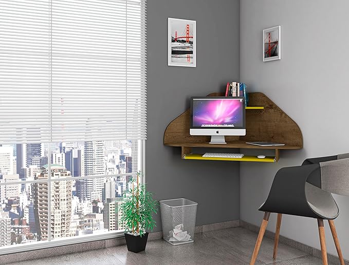 Manhattan Comfort Bradley Mid Century Modern Home Office Floating Cubicle Section Study Desk, 2 Piece, Rustic Brown/Yellow - LeafyLoom