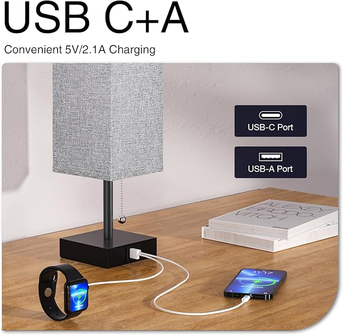aooshine Table Lamps Set of 2 - Grey, USB A and USB C Charging, Pull Chain Control, Bulb NOT Included, Small - LeafyLoom