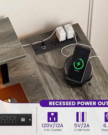 Homieasy L Shaped Gaming Desk with Power Outlet & LED Light, 47 Inch Computer Desk with Storage Shelves, Reversible Corner Desk with Monitor Stand Headset Hooks for Home Office, Black Oak - LeafyLoom