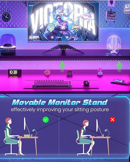 Gaming Desk with Lights & Power Outlets, 47.2'' Computer Desk with Storage Shelves, Small Desk for Small Space, Desk with Monitor Stand, Black - LeafyLoom