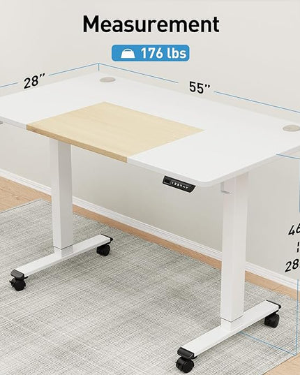 MOUNTUP 55x28 Inches Electric Height Adjustable Standing Desk, Sit Stand Desk with Memory Controller, Ergonomic Stand Up Desk for Home Office with Splice Board, White+Oak - LeafyLoom