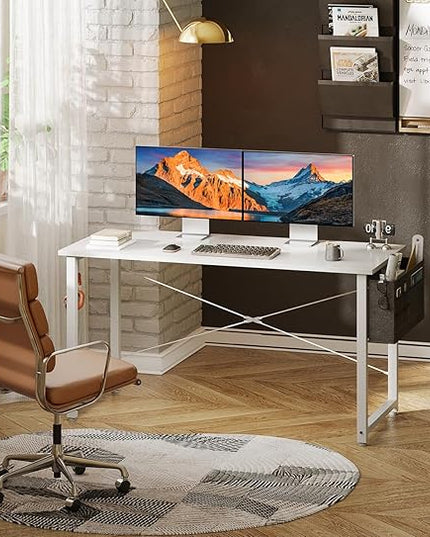 ODK Computer Desk Large Office Desk, 48 Inch Writing Desk with Storage, Modern PC Desk Work Table with Headphone Hook for Home Office, White + White Leg - LeafyLoom