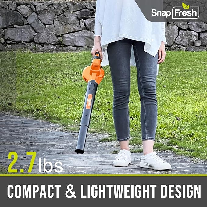 SnapFresh Cordless Leaf Blower - 20V Electric Leaf Blower with 2.0 Ah Battery and Charger - Lightweight 2-Speed Leaf Blower for Lawn Care and Yard/Garden/Patio Cleaning (Orange) - LeafyLoom