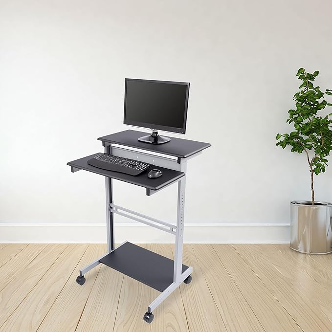 S STAND UP DESK STORE Rolling Adjustable Height Two Tier Standing Desk Computer Workstation (Silver Frame/Black Top, 32 Wide) - LeafyLoom