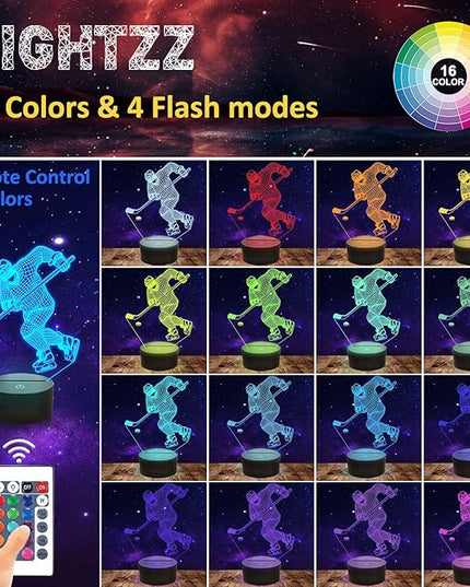 Hockey Night Light, Ice Hockey Player 3D Illusion Lamp for Boys Room Decor with Remote + Touch 16 Colors Flashing Changing Desk Lamps for Kids Sport Fans Birthday Xmas Cool Gifts - LeafyLoom