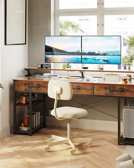 ODK Computer Desk with Drawers and Storage Shelves, 63 inch Home Office desk with Monitor Stand, Modern Work Study writing table Desk for Small Spaces, Vintage - LeafyLoom
