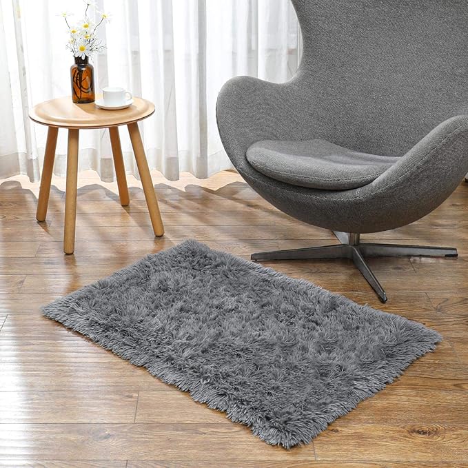 Ophanie Small Area Rug, 2x3 Machine Washable Throw Grey Cheap Fluffy Shaggy Soft Bedside Rug, Indoor Floor Gray Carpet for Kids Baby Boys Teen Dorm Room Doorway, Nursery,Home Decor Aesthetic - LeafyLoom