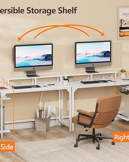 Furologee White Desk with Power Outlets and LED Lights, 47" Office Gaming Desk with Shelves and Fabric Drawer, Reversible Study Table with Monitor Stand and Hooks - LeafyLoom