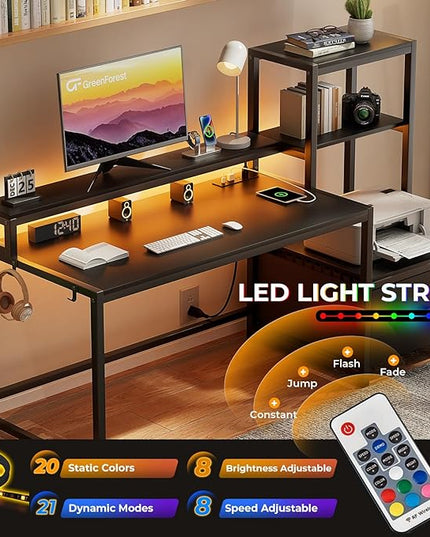 GreenForest Computer Desk with Drawer and Printer Shelf, 68.8 inch Gaming Desk with LED Lights and Power Outlets, Home Office Desk with Storage for Study Writing Working,Black - LeafyLoom