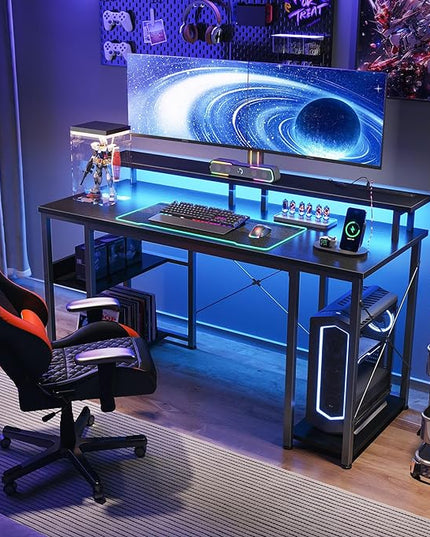 ODK 48 inch Gaming Desk with LED Lights & Power Outlets, Computer Desk with Monitor Stand & Storage Sheves, CPU Stand, Home Office Desk, Black - LeafyLoom