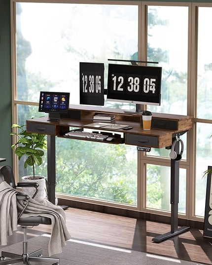 Electric Standing Desk, Multifunctional Standing Desk Adjustable Height, 55 * 24 Standing Desk with 4 Drawers, Ergonomic Adjustable Standing Desk with Keyboard Tray, Rustic Brown - LeafyLoom