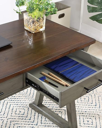 OSP Home Furnishings Jericho Rustic 42 Inch Writing Desk with 2 Drawers and Burnished Decorative Hardware, Slate Gray - LeafyLoom