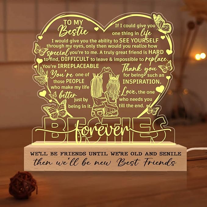 Gifts for Best Friend Women 3D Illusion Lamp, Besties Forever Acrylic Night Light, Best Friend Birthday Gifts for Women, Long Distance Friendship Gift for Her Bestie Soul Sister BFF Coworker - LeafyLoom