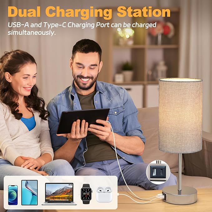 AKASUKI Table Lamp for Bedroom, 3 Way Dimmable Touch Lamp with Dual Charging Station, Small Bedside Lamps for Night Stands, Living Room, Office(LED Bulb Included) - LeafyLoom