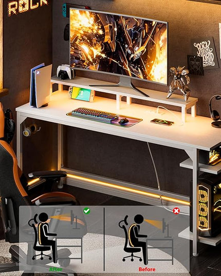 Furologee White Gaming Desk with Charging Station and LED Lights, 55" Office Computer Desk with Reversible Shelves and Fabric Drawer, Study Table with Monitor Stand and 2 Hooks for Home Office - LeafyLoom