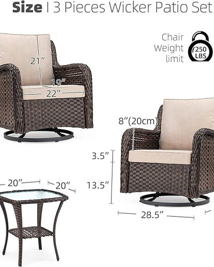 IDEALHOUSE 3 Pieces Outdoor Wicker Swivel Rocker Patio Set, 360-Degree Swivel Rocking Chair Elegant Wicker Patio Bistro Set with Tempered Glass Top Side Table (Apricot) - LeafyLoom