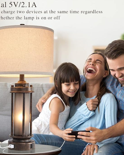 Set of 2 Farmhouse Lamps for Living Room, Rustic Vintage Bedroom Nightstand Table Lamp with 2 USB Charging Ports, Built-In Frosted Glass Night Light for End Table Entryway, 4 Bulbs Included (Bronze) - LeafyLoom