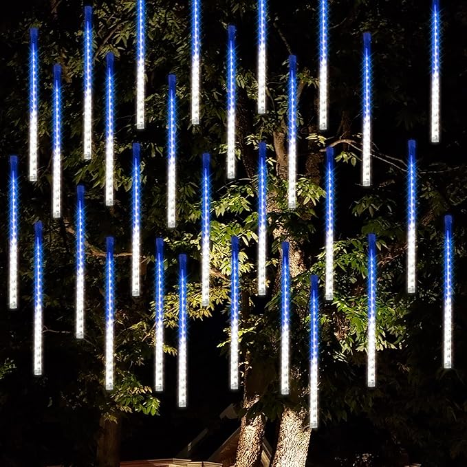 Dazzle Bright 288 LED Christmas Light, 11.8 Inch Meteor Shower Rain Lights with 8 Tubes,Waterproof Plug in Falling Rain Lights Christmas Decorations for Xmas Bushes Tree Yard Party, Blue and White DazzleBright