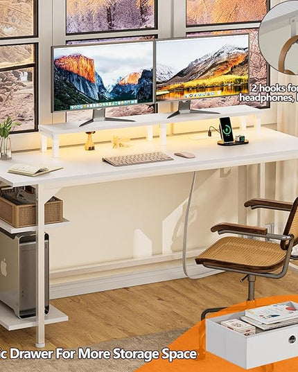 Furologee White Gaming Desk with Charging Station and LED Lights, 55" Office Computer Desk with Reversible Shelves and Fabric Drawer, Study Table with Monitor Stand and 2 Hooks for Home Office - LeafyLoom