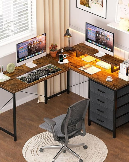 Homieasy L Shaped Desk with Drawers & Power Outlets, Reversible Computer Desk with LED Light and Monitor Stand, 50 Inch Home Office Gaming Work Study Desk with 4 Storage Drawers, Rustic Brown - LeafyLoom