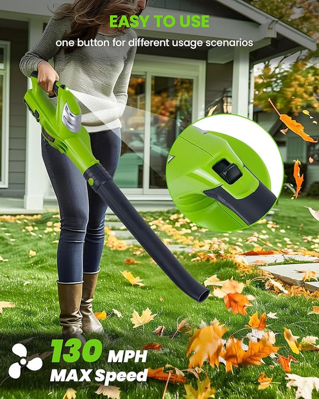 HARDELL 18V Cordless Leaf Blower, Battery Powered Leaf Blower for Lawn Care, Electric Mini Leaf Blower, 130MPH/98CFM, Bright Green (Battery & Charger Included) - LeafyLoom