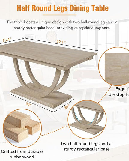 6-Piece Wood Rectangular Dining Table Set with Half Round Legs, 4 Upholstered Chairs and Bench, for Kitchen Living Room, Modern Style, Natural+Beige, 59.1" L x 35.4" W x 29.5" H - LeafyLoom