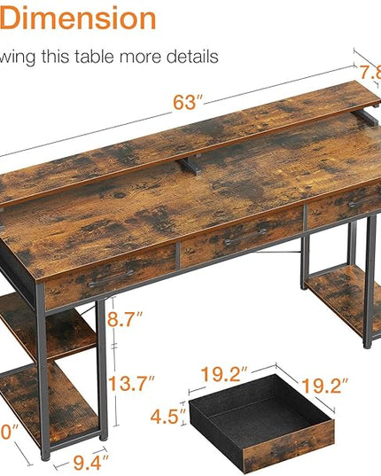 ODK Computer Desk with Drawers and Storage Shelves, 63 inch Home Office desk with Monitor Stand, Modern Work Study writing table Desk for Small Spaces, Vintage - LeafyLoom