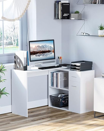 HOMCOM L Shaped Computer Desk, 180° Rotating Corner Desk with Storage Shelves, Drawer and Cabinet, Study Workstation for Home Office, White - LeafyLoom