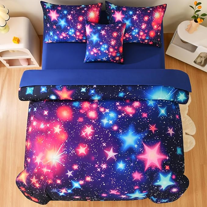 DORCAS Star Full Size Comforter Sets with Sheets for Girls Kids,6 Piece Starry Sky Bedding Set Full,All Season Down Bed in a Bag(Colorful,Full) - LeafyLoom