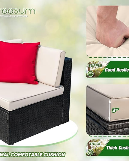 Greesum 3 Piece Patio Conversation Set Wicker Rattan Furniture Outdoor Sofa with Cushions,Pillows and Glass Table for Porch,Lawn and Yard, Beige - LeafyLoom