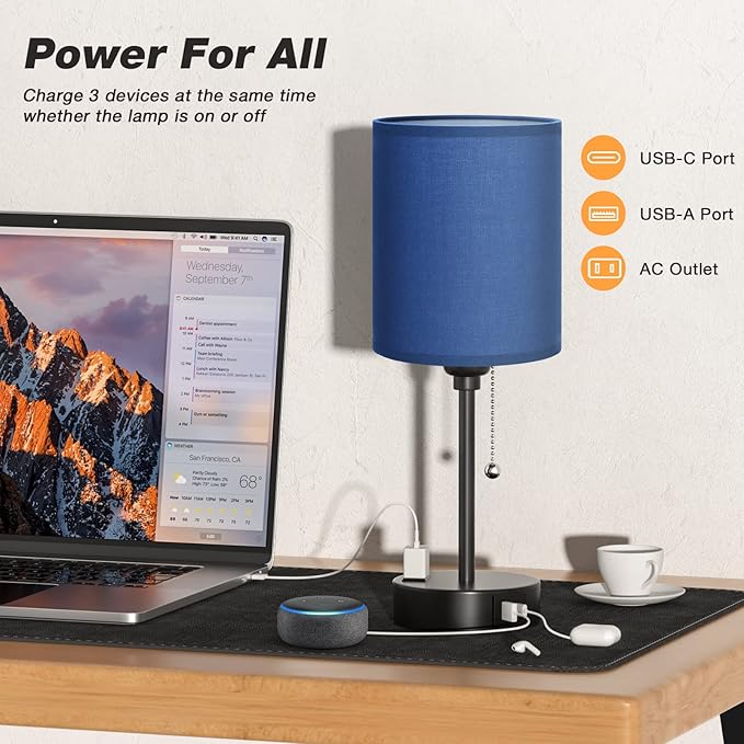 Blue Table Lamps 3 Color Temperatures - 2700K 3500K 5000K Bedside Lamps with USB C and A Ports, Pull Chain Lamps for Bedrooms with AC Outlet, Nightstand Lamps with Black Metal Base for Kids Boys - LeafyLoom