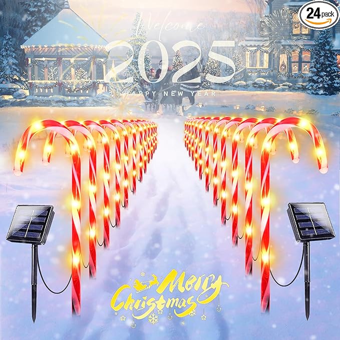 24-Pack Upgraded Solar Christmas Candy Cane Lights, Solar Pathway Lights Waterproof, Christmas Decorations Outdoor with 8 Modes for Party Patio Garden Lawn Yard Decor IDEAALS